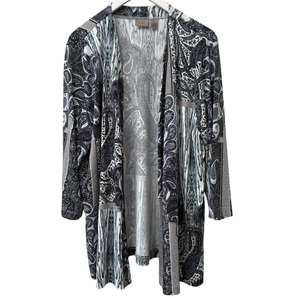 Chicos Easywear Paisley Cardigan Black XL Stretch Jersey Open Front Jacket Women